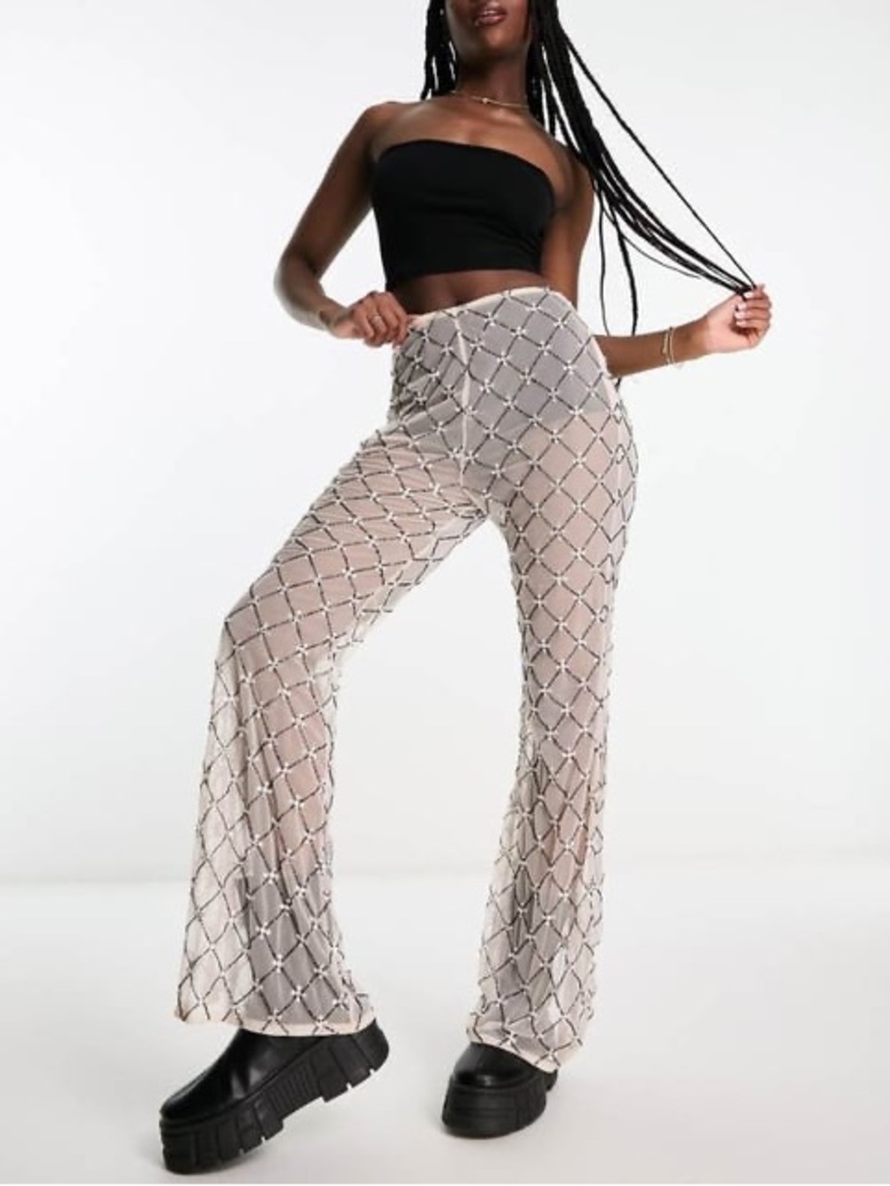 ASOS DESIGN diamante mesh flare trouser in beige-Neutral